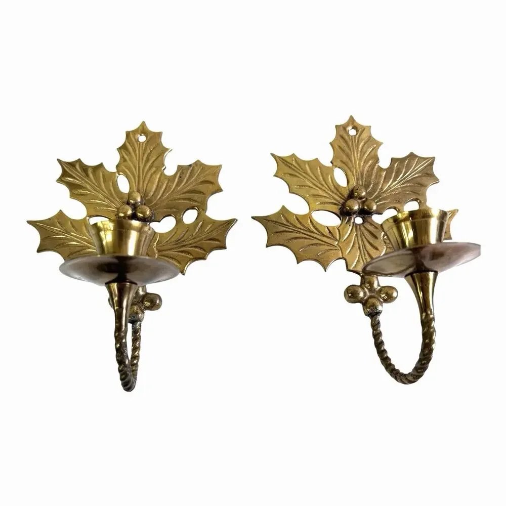 Viintage Solid Brass Candle Holders Wall Decor Holly Leaf Shaped India 7”x5”